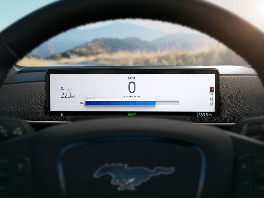 223 miles of available range being displayed on a Ford Mustang Mach-E® dashboard screen